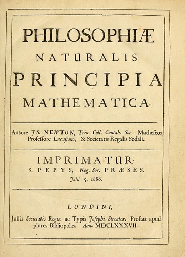 Sir Isaac Newton: Philosophiæ naturalis principia mathematica. (Latin language, 1687, Jussu Societatis Regiæ ac Typis Josephi Streater. Prostat apud plures Bibliopolas.)