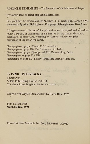Devi, Gayatri; Rau, Santha Rama: A Princess Remembers (1989, Tarang Paperbacks)