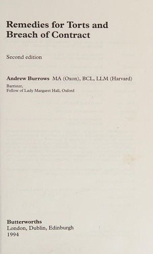 A. S. Burrows: Remedies for torts and breach of contract (1994, Butterworths)